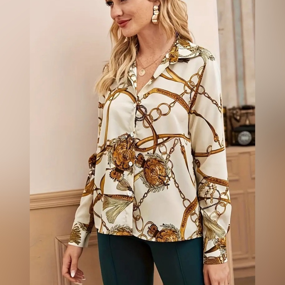 Jon & Anna Contemporary Women’s Chain Print Button-Down Blouse Size Medium